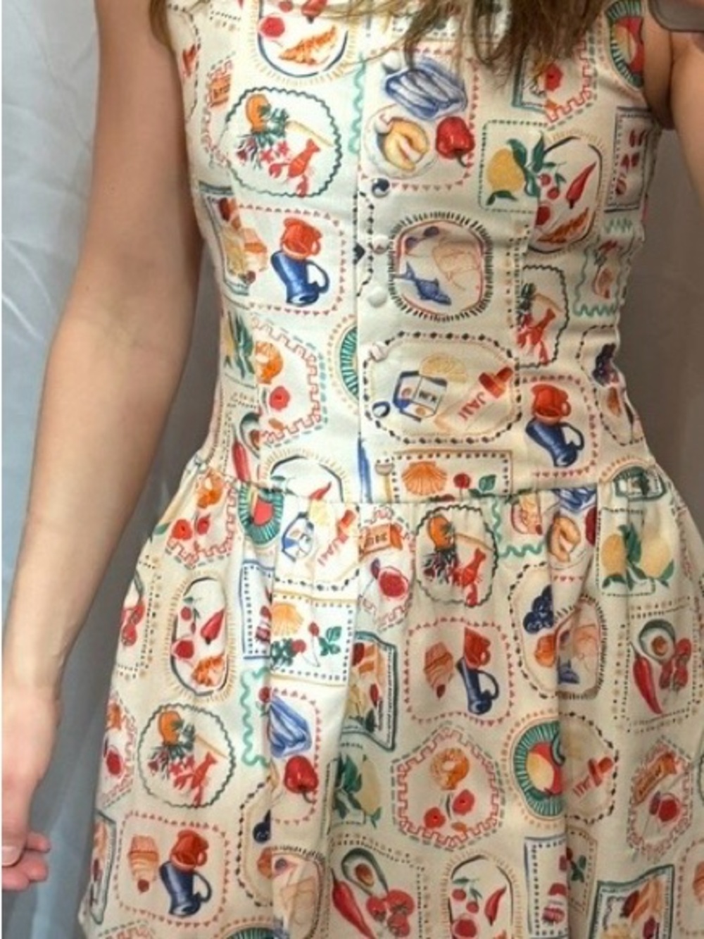 Sleeveless Cream Novelty Print Fit-and-Flare Dress